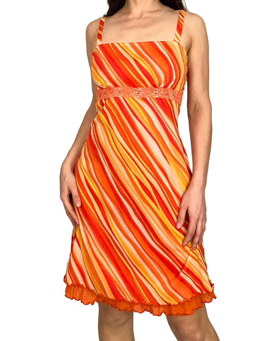 2000s fruity citrus orange and red striped mesh dress.